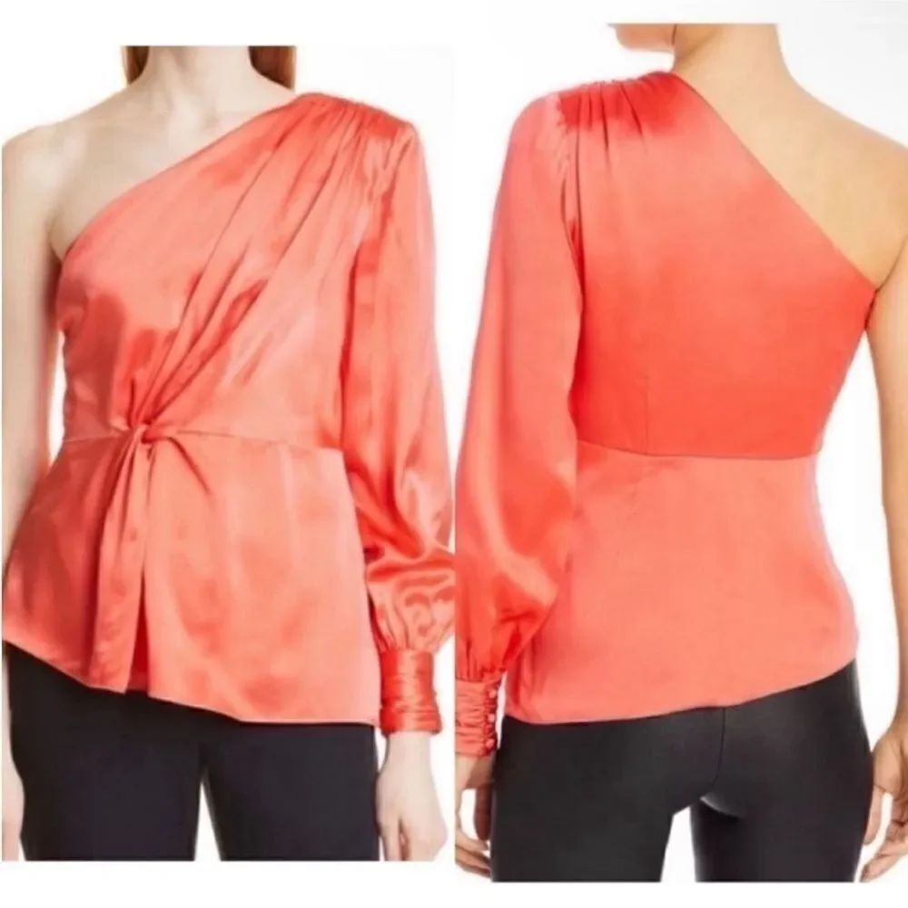 Cinq a Sept NWT Stace One-Shoulder Silk Blouse in Neon Coral Size XS